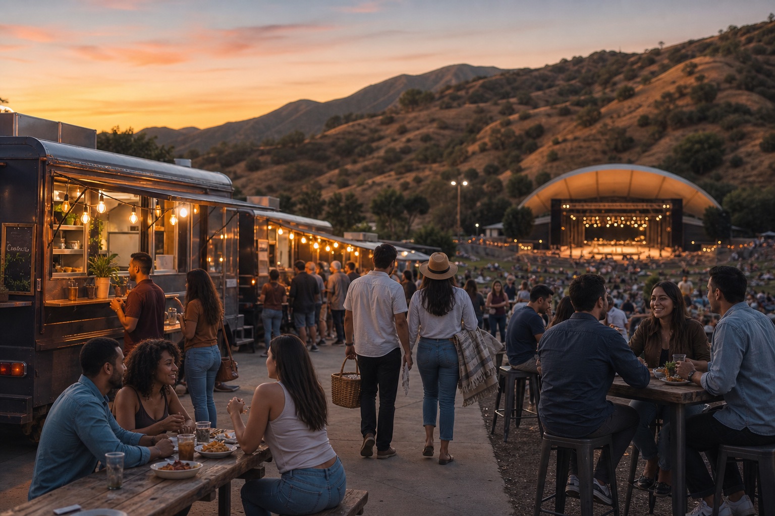 Friends and families sharing food near an open-air foothill concert at golden hour