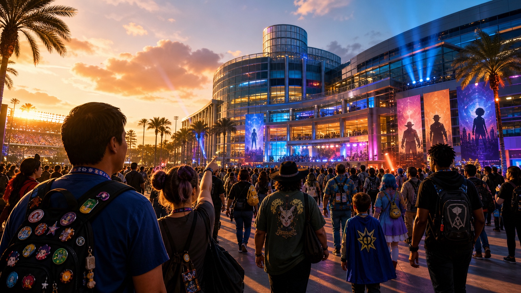 Original illustration of a colorful fan-convention crowd arriving in Anaheim at sunset