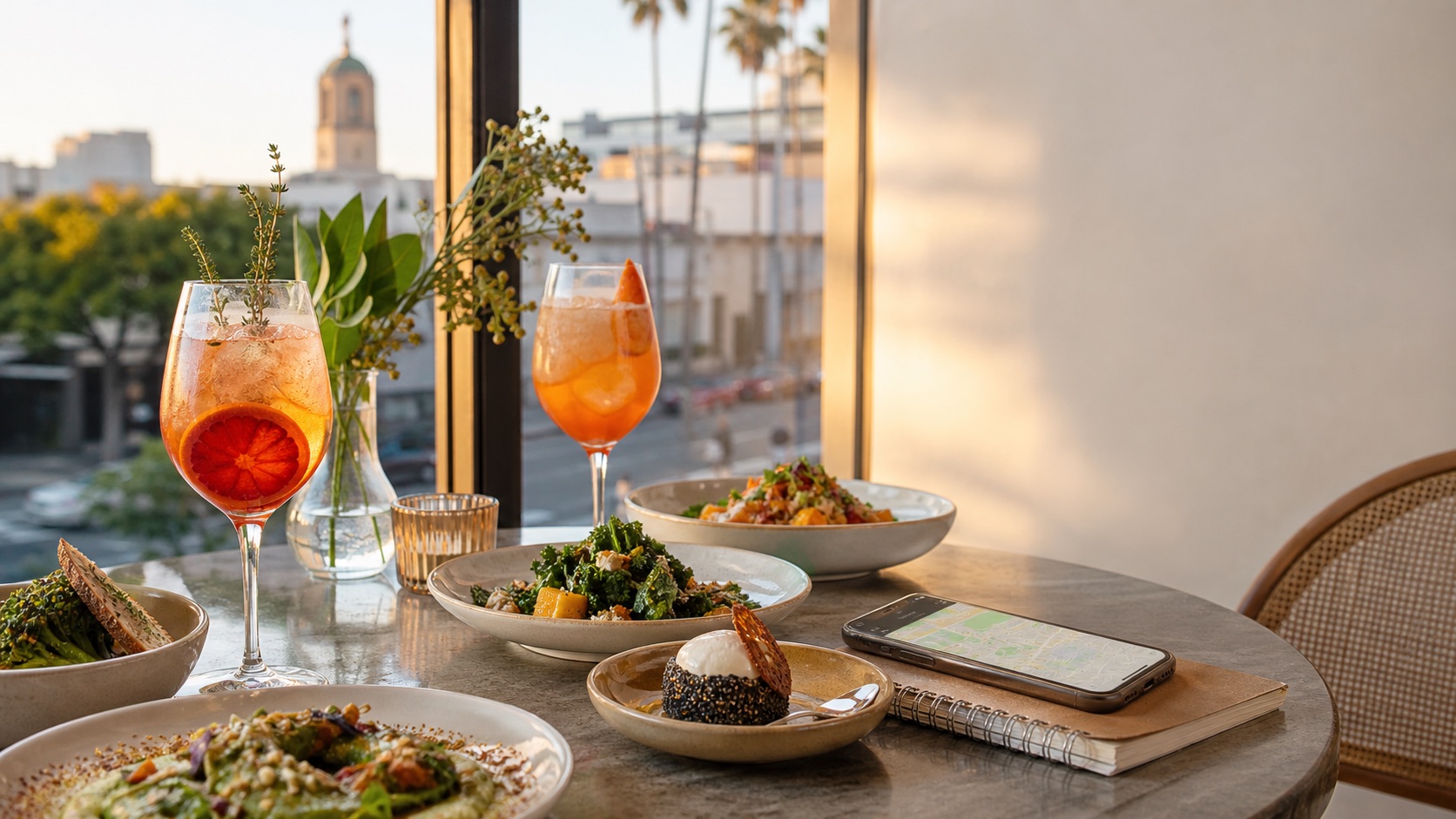 Golden-hour restaurant table with spritz drinks, seasonal plates, and a Pasadena-style city view
