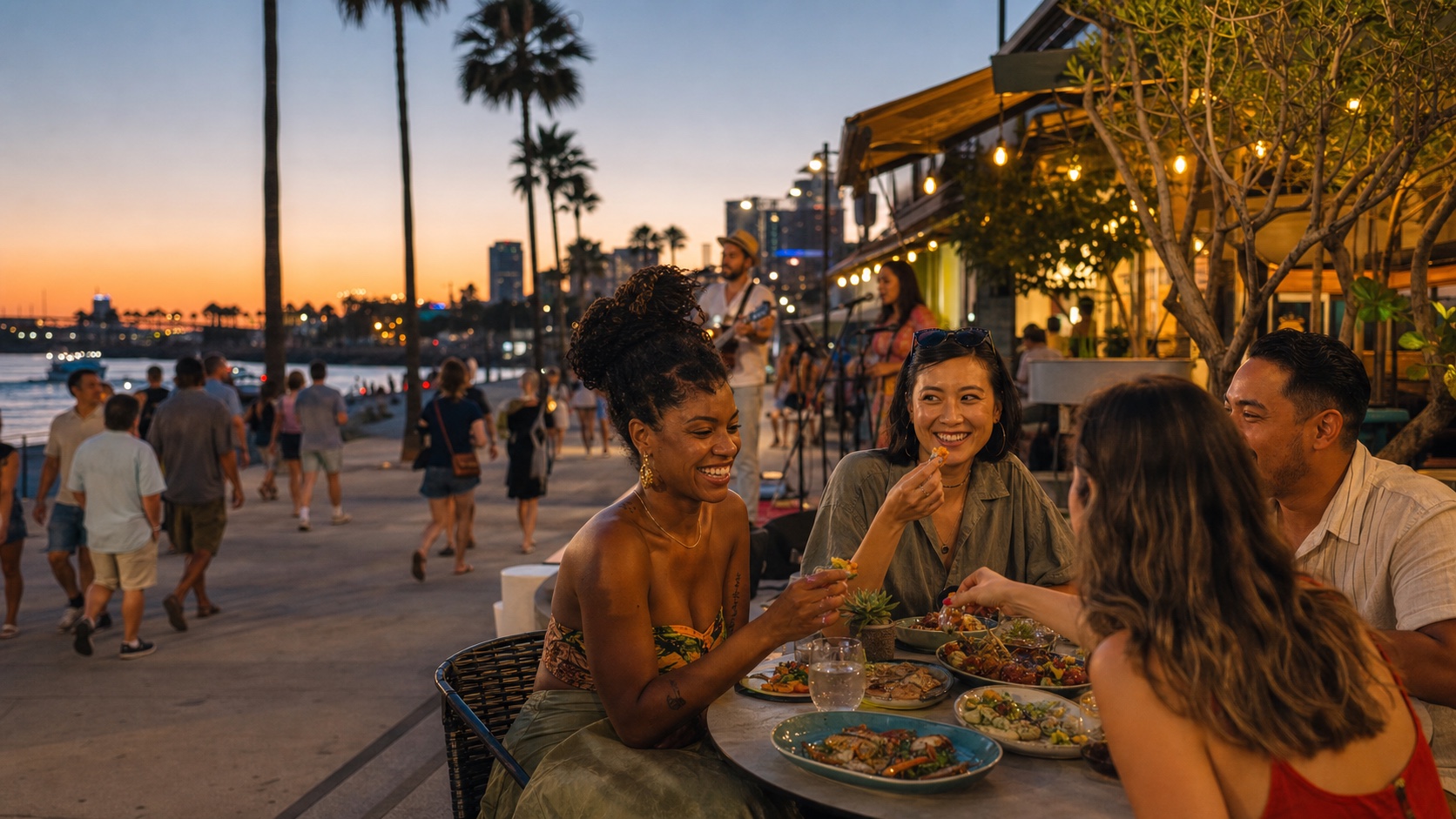 Friends sharing small plates beside a lively Long Beach waterfront at sunset