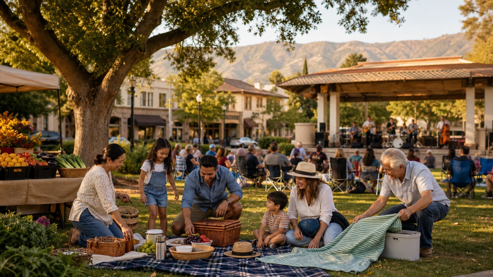 A multigenerational family sets up a picnic near a small farmers market and outdoor concert beneath mature trees at golden hour