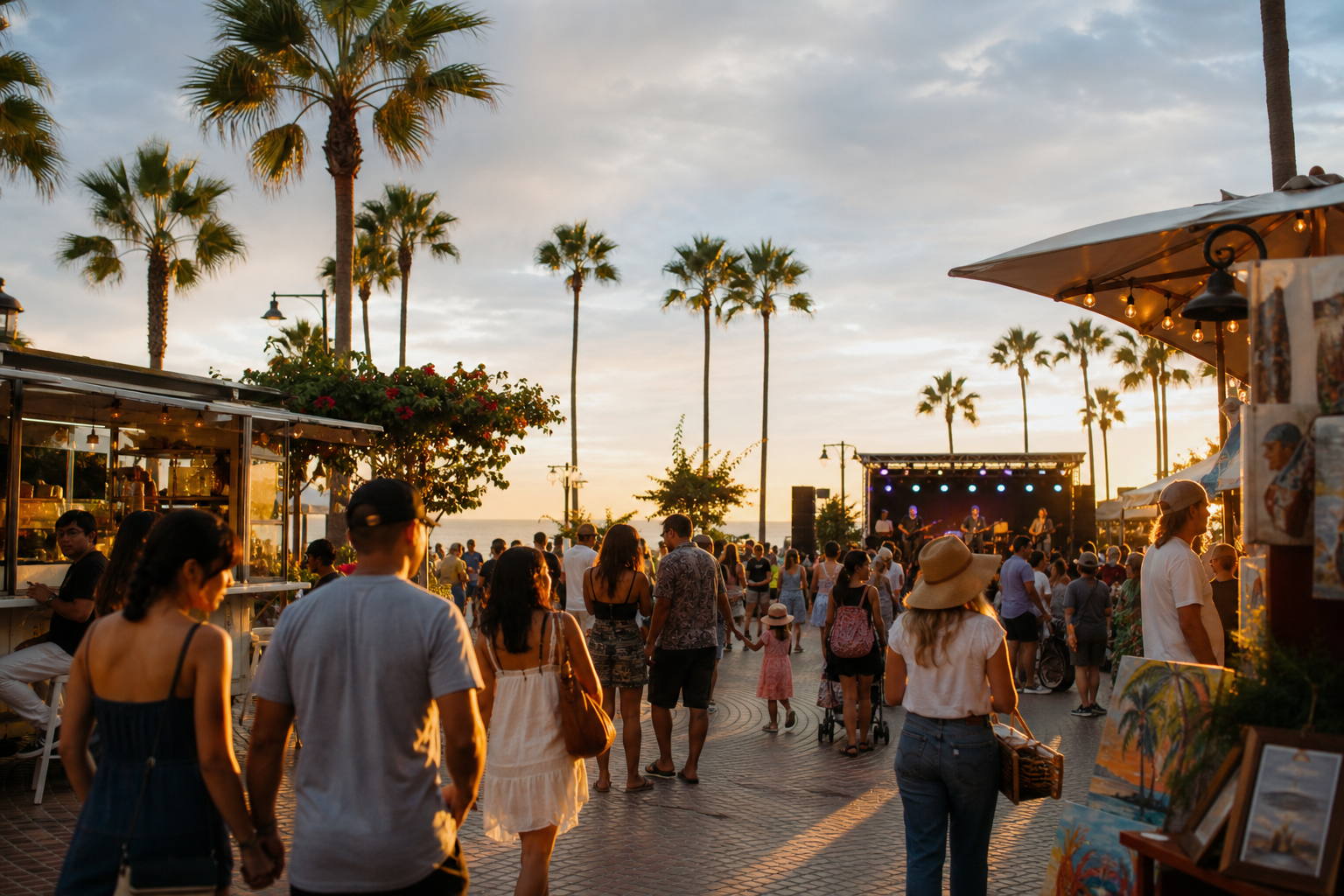 Southern California coastal festival with food, art, live music, and families at golden hour